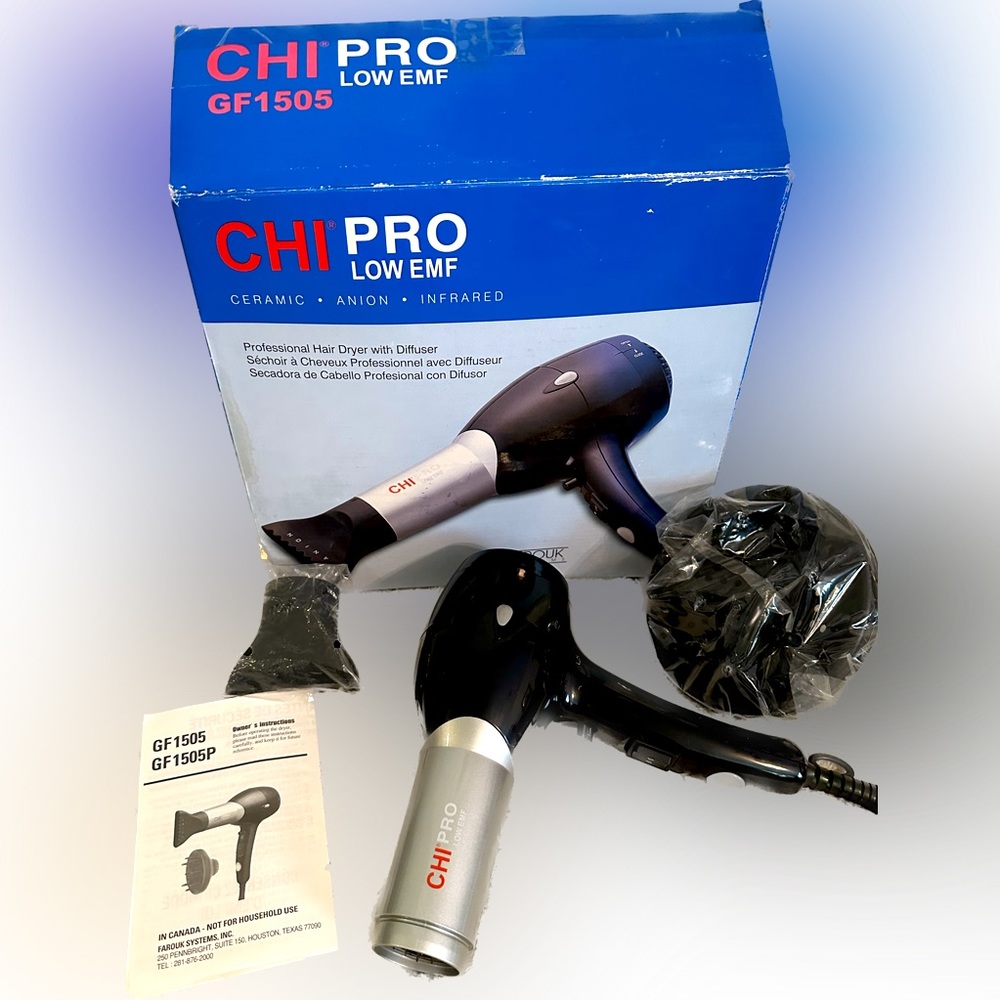 CHI PRO LOW EMF HAIR DRYER FAROUK SYSTEMS USA wDIFFUSER & SLOT NOZZLE HAIRDRYER